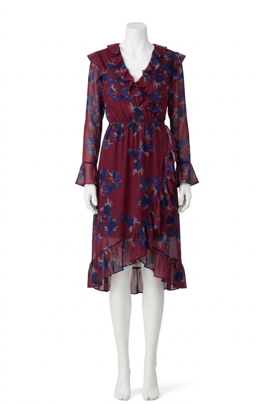 NEW KENSIE ruffle hem faux wrap dress in rhythm and blues